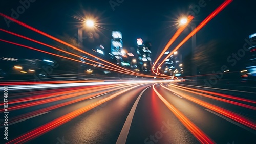 Long Exposure View of Traffic Light Trails at High Speed on an Empty Highway Road in a Modern City at Night