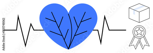 Heart with branch veins and EKG line representing health and vitality. Ribbon badge for achievement and box for delivery or logistics. Ideal for wellness, healthcare, growth, fitness, achievement