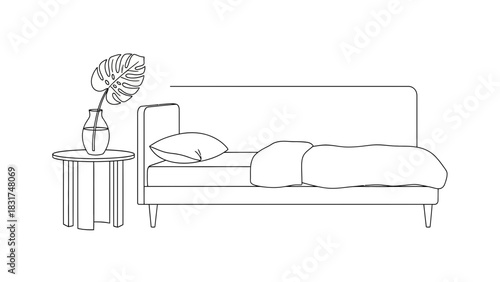 Modern bedroom interior design with minimal line art illustration of bed and plant
