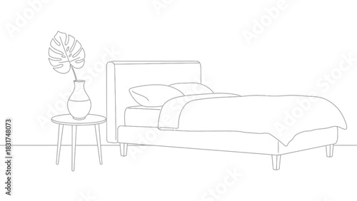 Minimalist bedroom outline with monstera plant evokes tranquility and relaxation