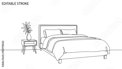 Elegant Bedroom Interior Line Art: Bed, Nightstand, and Plant in Minimalist Design