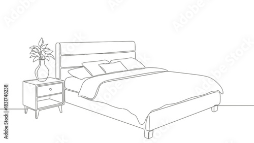 Minimalist bedroom line art featuring a comfortable bed and stylish nightstand