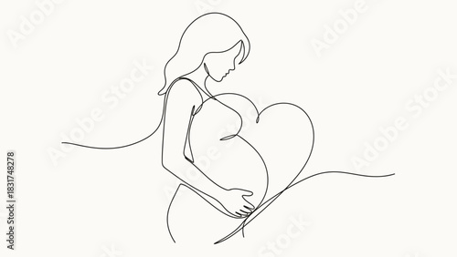 Elegant one-line drawing: A pregnant woman with heart shape, symbolizing motherhood