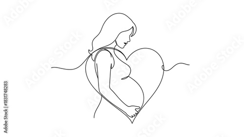 Elegant continuous line drawing of a pregnant woman embracing love and motherhood
