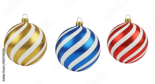 Three striped christmas ornaments isolated on transparent background