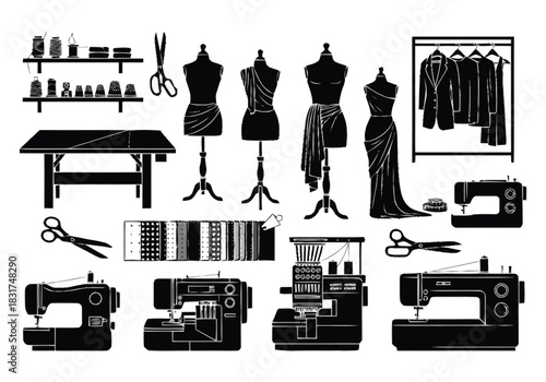 Fashion Design Studio Icons Sewing Machines Dress Forms Tailoring Tools Supplies Silhouette Collection furniture icons interior design layout architecture