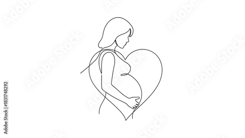 Elegant Line Art Depicting a Pregnant Woman Embracing Motherhood with a Heart