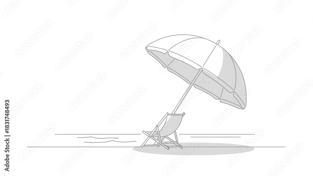 Obraz premium Minimalist beach scene illustration featuring umbrella and chair, simple and elegant design