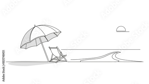 Minimalist beach scene illustration with parasol chair and ocean horizon graphic