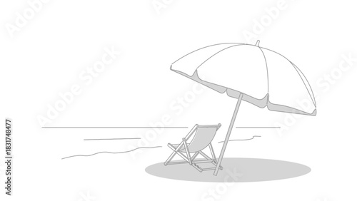 Minimalist beach scene with umbrella and chair for relaxation and vacation
