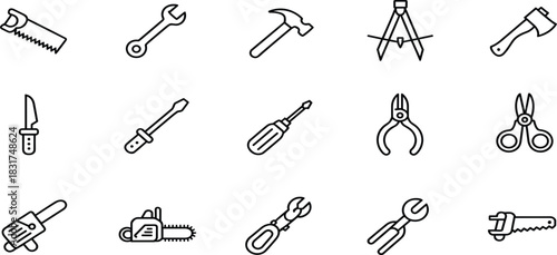 Tools, Construction, and Repair Line Icons Set: Featuring Hammer, Saw, Wrench, Screwdriver, Axe, Pliers, and Chainsaw Vector Illustration