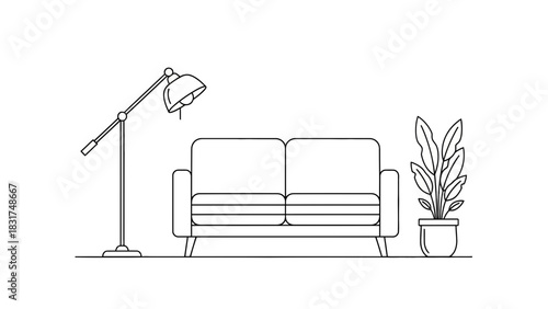 Modern living room interior with sofa, floor lamp and plant in minimalist style