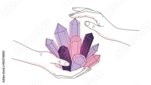 Illustration of hands holding crystals, spiritual and healing concepts, art line design