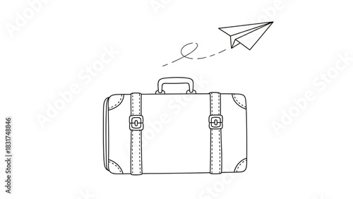 Vintage suitcase and paper airplane symbolising travel and vacation concept