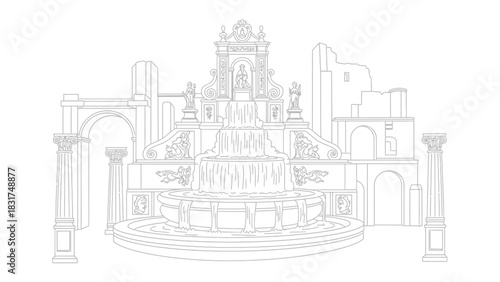 Elegant fountain line art illustration with architectural ruins and neoclassical columns