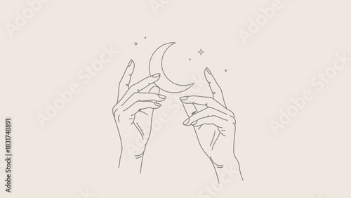 Elegant line art illustration of hands holding a crescent moon with stars around