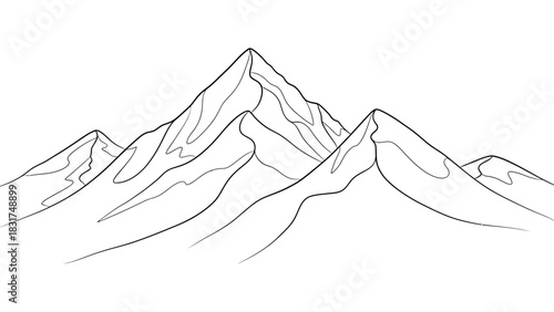 Minimalist mountain range outline drawing isolated on white background for coloring book