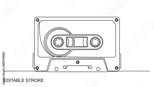 Retro Audio Cassette Tape Line Art, Single Continuous Outline Drawing Style Vector
