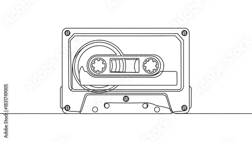 One line drawing of a retro cassette tape, minimalist vector artwork, classic