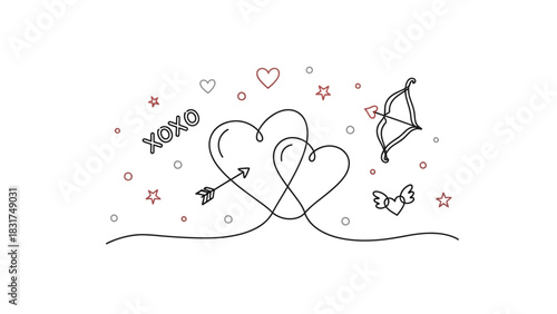 Minimalist valentine's day illustration featuring hearts arrow bow and xoxo design