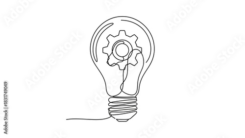 Continuous line drawing of light bulb with gears, innovative and technological idea concept