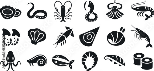 Seafood, Ocean, and Marine Life Glyph Icons Set: Featuring Lobster, Shrimp, Octopus, Squid, Fish, Shellfish, and Japanese Sushi Vector Illustration