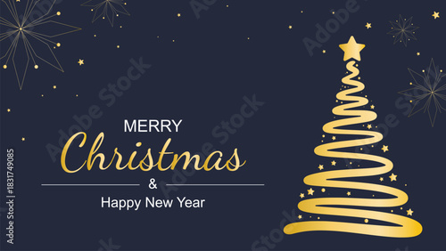 Holiday banner with Christmas and Happy New Year. Horizontal layout with greeting text, Christmas tree, golden stars, and snowflakes. Dark blue festive template with gold decor, vector graphics