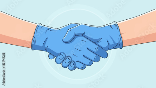 Handshake with blue gloves depicting safety and health awareness during a pandemic