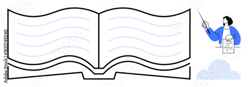 Open book with flowing lines representing knowledge, educator pointing with a stick, holding notes. Ideal for education, learning, teaching, academia, presentation, training guidance simple flat