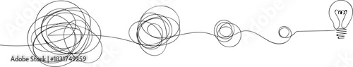 One continuous line drawing of way from chaotic to simplicity and lightbulb. Continuous line art journey from chaos to clarity with a lightbulb. A single, unbroken line illustrates the transition from