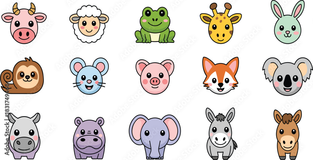 Obraz premium Cute Cartoon Animal Faces and Heads Vector Illustration Set: Featuring Cow, Sheep, Frog, Giraffe, Rabbit, Sloth, Koala, and Rhino for Kids