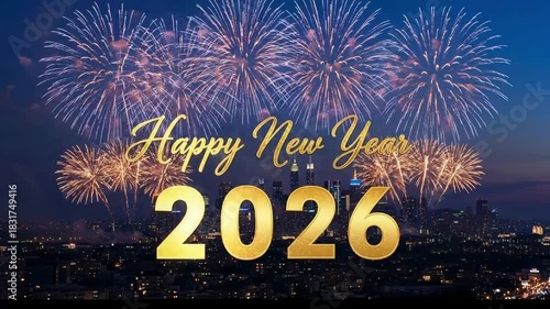 Celebrate New Year 2026 with vibrant fireworks over the city skyline a dynamic video for greetings, events, and celebratory promotions