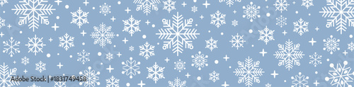 Festive seamless blue and white Christmas pattern with decorative snowflakes, falling snow and stars, holiday winter background for greeting cards, wrapping paper and seasonal designs