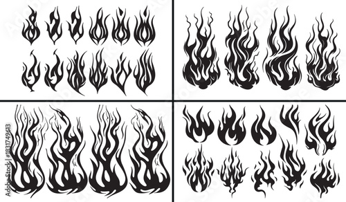 Flame illustration set, fire vector artwork, hand drawn fire icon, energy burning clipart, realistic flames design, blazing hot artwork, campfire pattern graphic, smoke and heat vector, realistic fire