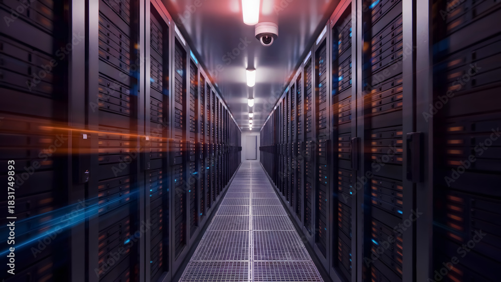 Obraz premium Modern server room with data streams for robust cybersecurity solutions and reliable data storage