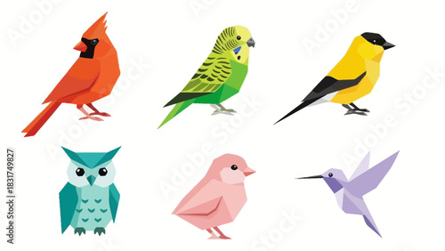 Geometric illustration of various colorful birds including a cardinal, parakeet, finch, owl, and hummingbird on a white background.