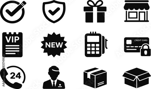 E-Commerce, Online Shopping, and Delivery Glyph Icons Set: Featuring Security Shield, Gift Box, Store, Credit Card, and Customer Service Vector