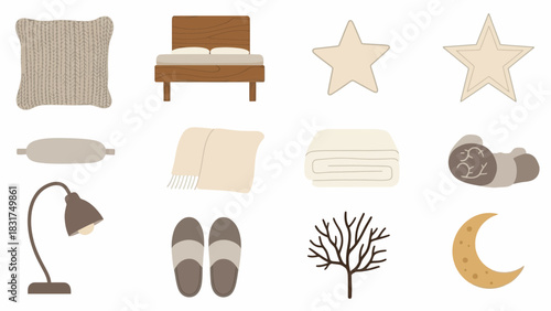 Collection of cozy bedroom and home decor items in neutral tones, including bedding, lighting, and decorative elements.