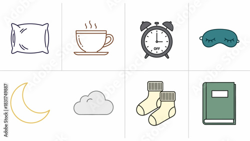 A collection of eight line art icons representing elements of sleep, morning, and comfort, including a pillow, coffee, alarm clock, sleep mask, moon, cloud, socks, and a book.