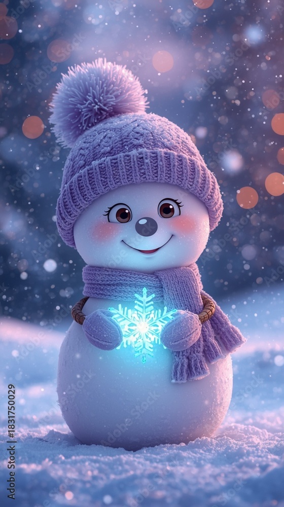 Obraz premium Cartoon-style snowman standing in a snowy winter landscape at dusk.