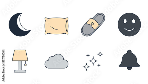 A collection of sleep and night-related icons including a moon, pillow, slipper, lamp, cloud, sparkles, and bell.