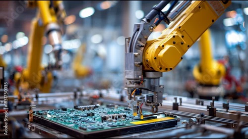Advanced robotic arms are efficiently assembling electronic components on circuit boards in a high-tech manufacturing facility. Each movement is precise and rapid