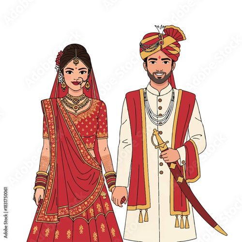 Traditional Indian bride and groom portrait wearing vibrant cultural wedding attire, depicted using a clean, flat 2D vector illustration isolated on a pure white background.