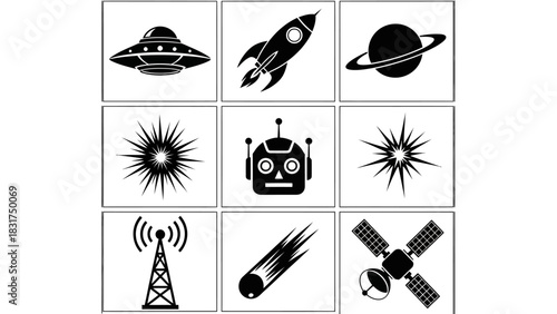 A collection of nine black and white icons representing space, science, and technology themes like rockets, planets, and robots.