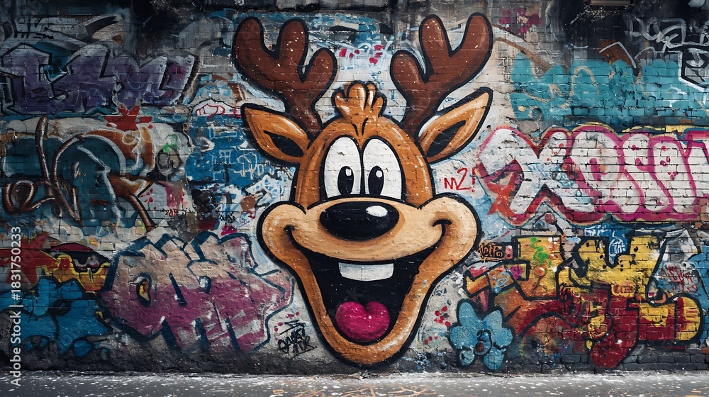 Obraz premium Cheerful Reindeer Graffiti Art on a Colorful Wall.