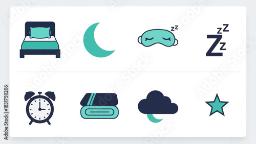 Set of eight teal and dark blue icons illustrating different aspects of sleep and nighttime, including a bed, moon, sleep mask, and alarm clock.