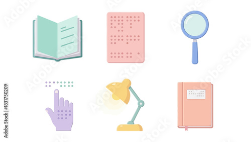 Collection of six flat design icons related to reading, accessibility, and study, including books, Braille, magnifying glass, and a desk lamp.