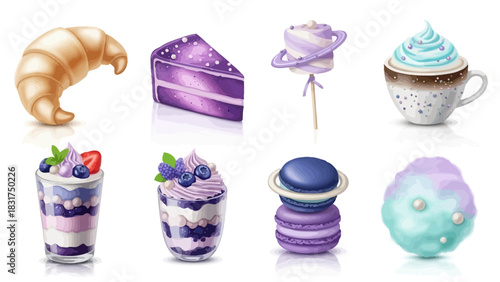 A vibrant collection of various sweet desserts and beverages, including pastries, cakes, parfaits, macarons, and drinks, presented in a palette of purple, blue, and white.