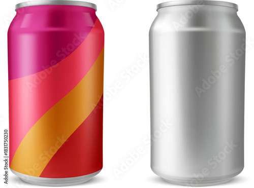 Aluminum drink can, vector realistic metallic tin can drink soda, water, juice packages with and without label mock up