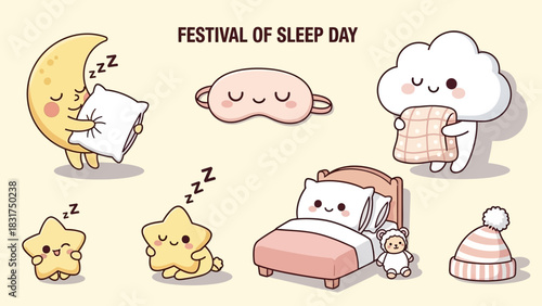 Cute cartoon elements for Festival of Sleep Day, featuring a sleeping moon, stars, cloud, bed, sleep mask, and cap on a light background.